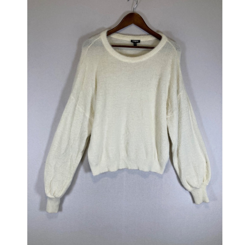 Cozy Eyelash Knit Express Womens‎ LG Cream Balloon Sleeve Fuzzy Pullover Sweater